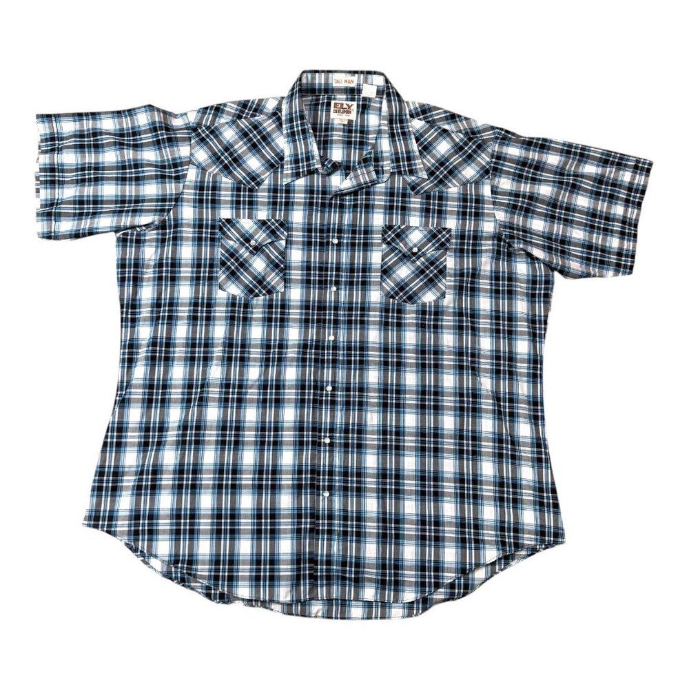 Ely Cattleman Mens 3XLT Western Plaid Snap Button Shirt Blue White Black Cotton